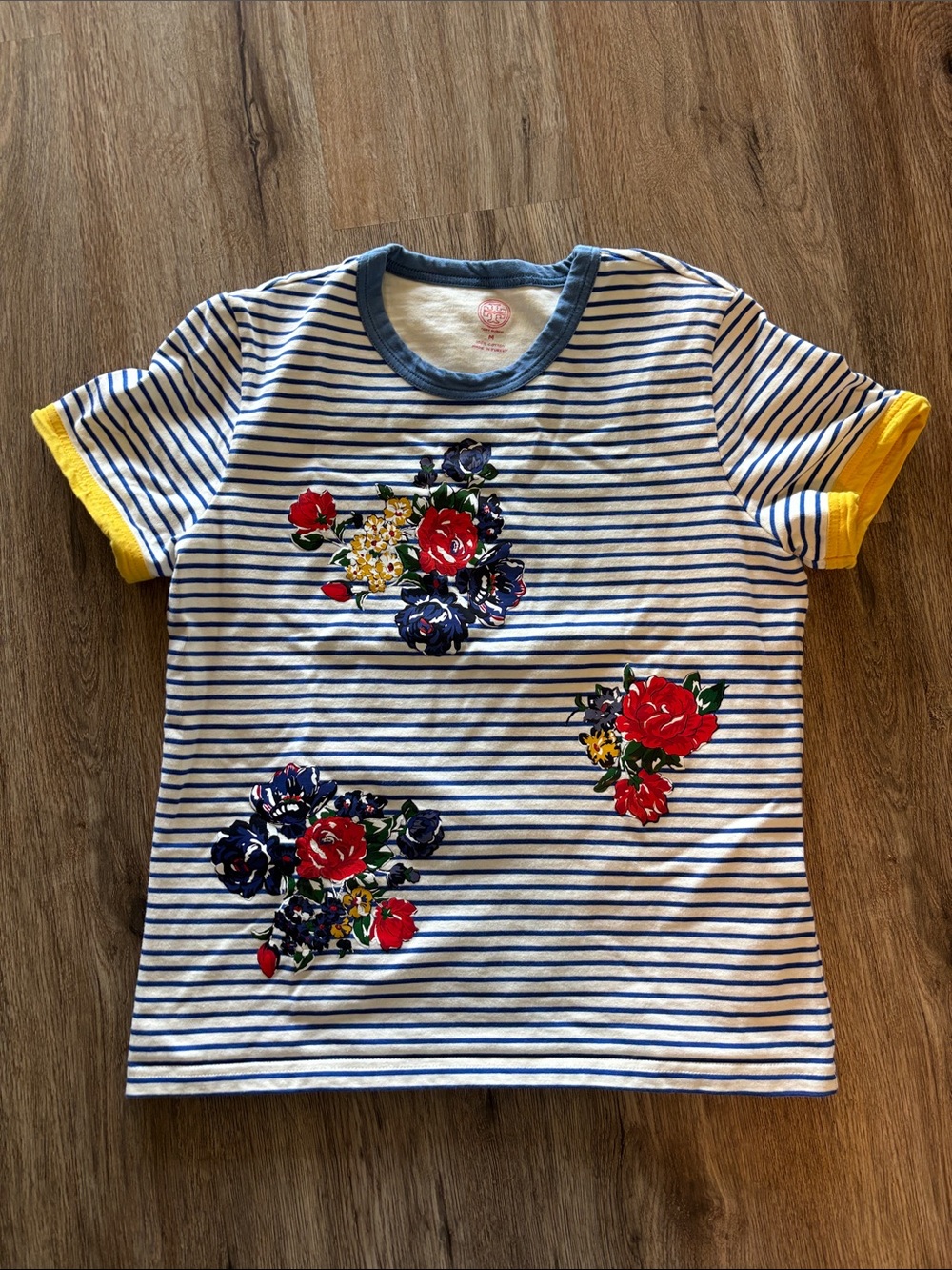 Tory Burch Striped Floral Short Sleeve Tee - Blue, Yellow, Red